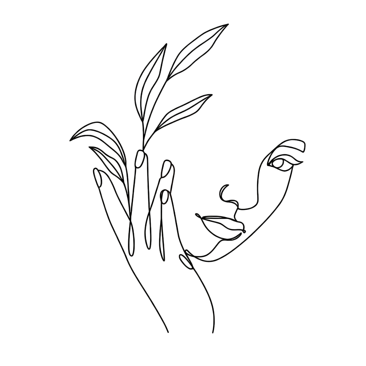 Line art of face with botanical elements