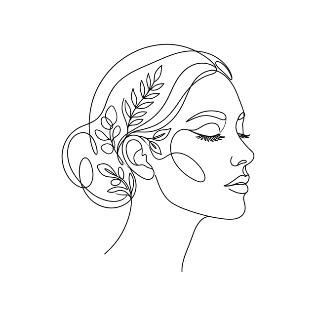Line art of woman face with botanical elements